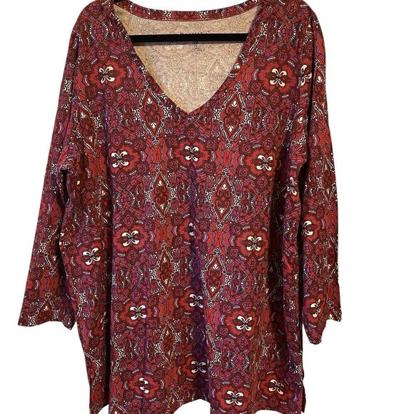 Roamans Tee V-Neck Top Blouse Ladies Plus 1X Red Purple Paisley Whimsical Mature - Picture 1 of 9